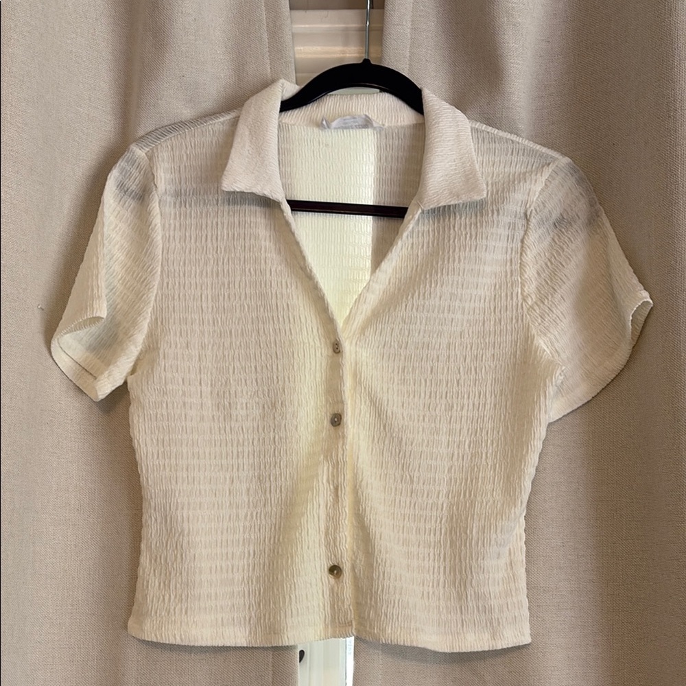 Cream Textured Button-Down Cropped Shirt